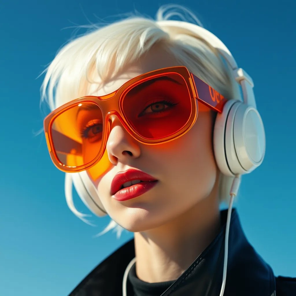 AI-generated image by Flux AI: A futuristic woman with platinum blonde hair wearing oversized orange sunglasses and white headphones | vibrant blue sky background | ultra-modern fashion photography | high contrast colors | glossy red lips