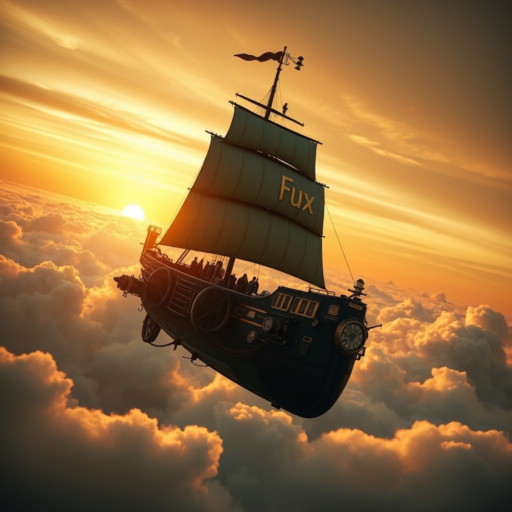 AI-generated image by Flux AI: A steampunk-inspired flying ship soaring through clouds at sunset. 'Flux' is emblazoned on its side in brass lettering.