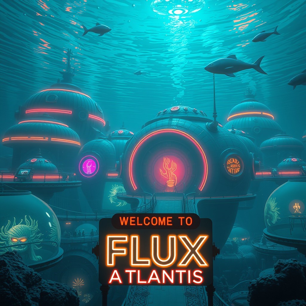 AI-generated image by Flux AI: An underwater city with futuristic domes and neon lights, home to both humans and sea creatures. A sign reads 'Welcome to Flux Atlantis'.