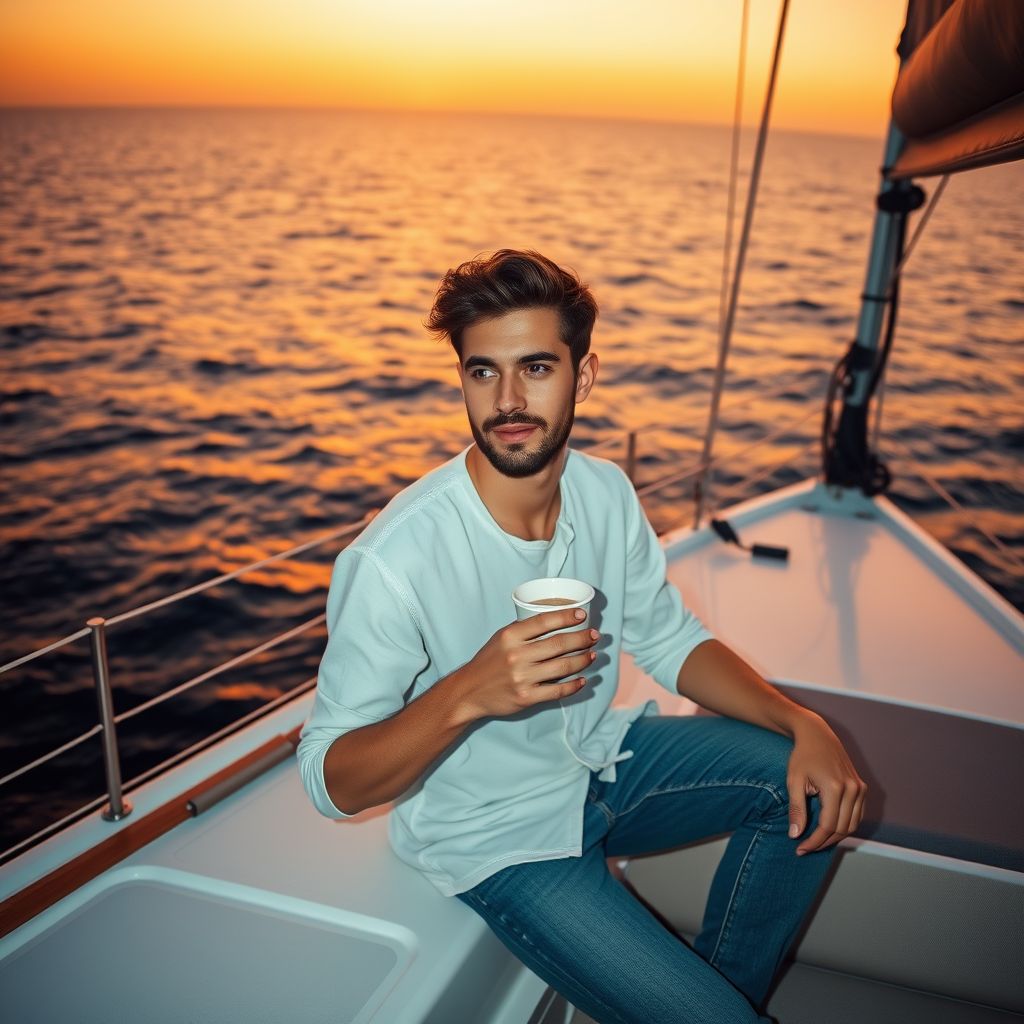 AI-generated image by Flux AI: A young man sitting on a yacht, holding a cup of coffee at sunset | warm golden hour lighting | relaxed and casual atmosphere | vast ocean in the background | cinematic, lifestyle photography